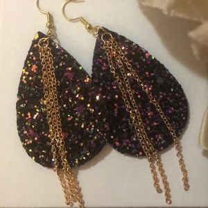 Black Glitter Faux Leather Teardrop&Chains Earring‎